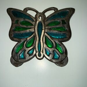 Vintage Blue and Green Stained Glass Metal Footed Butterfly Trivet